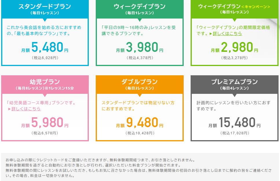 Kimini英会話　料金表